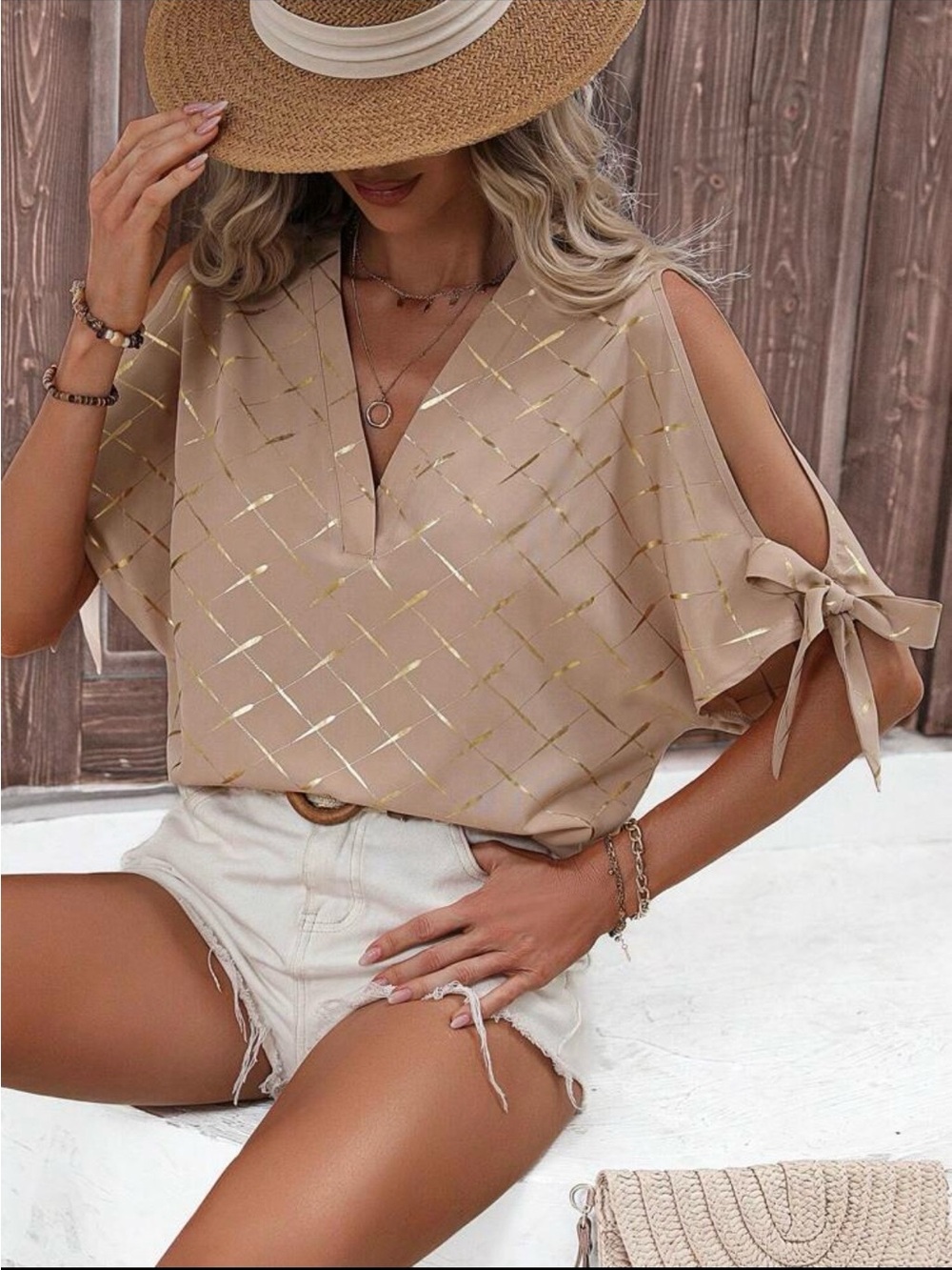 Gold Foil Print Cold Shoulder Tie Sleeve Blouse Size Medium